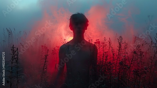 Silhouette in Red Fog: A Mystical and Dreamy Artwork