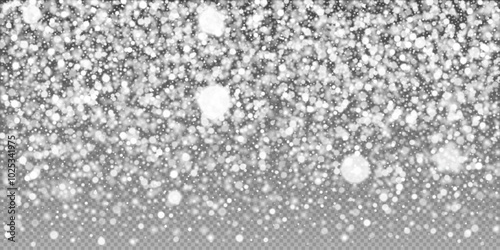 Whirling snowflakes and frosty wind on clear backdrop. White snow particles with depth and motion, winter blizzard. Use for Christmas seasonal art, holiday cards and festive decorations. Vector