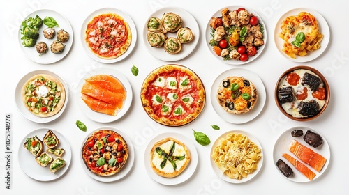 Various delectable meals arranged, fast food plates in top view isolated on a white backdrop. assortment of meals with a top view. pizza, spaghetti, lasagna, buns, grilled chicken, and ice cream. 