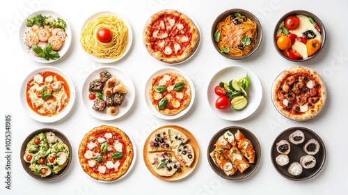 Various delectable meals arranged, fast food plates in top view isolated on a white backdrop. assortment of meals with a top view. pizza, spaghetti, lasagna, buns, grilled chicken, and ice cream. 