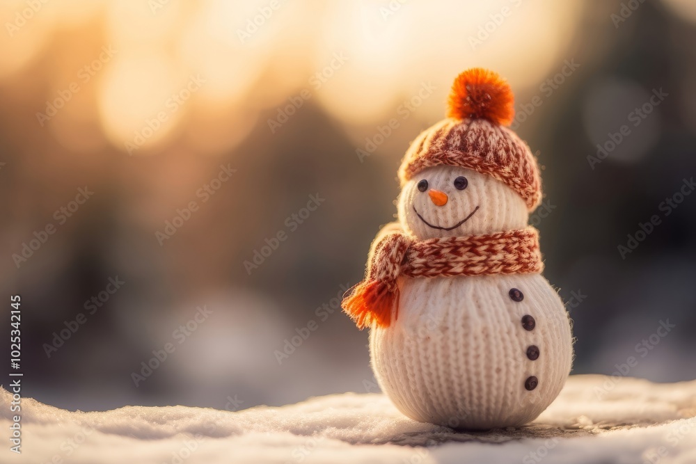 Obraz premium Christmas winter background with snowman on snowy bokeh landscape