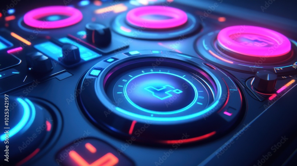 Futuristic Control Panel with Glowing Buttons and Dials Futuristic Control Panel with Glowing Buttons and Dials