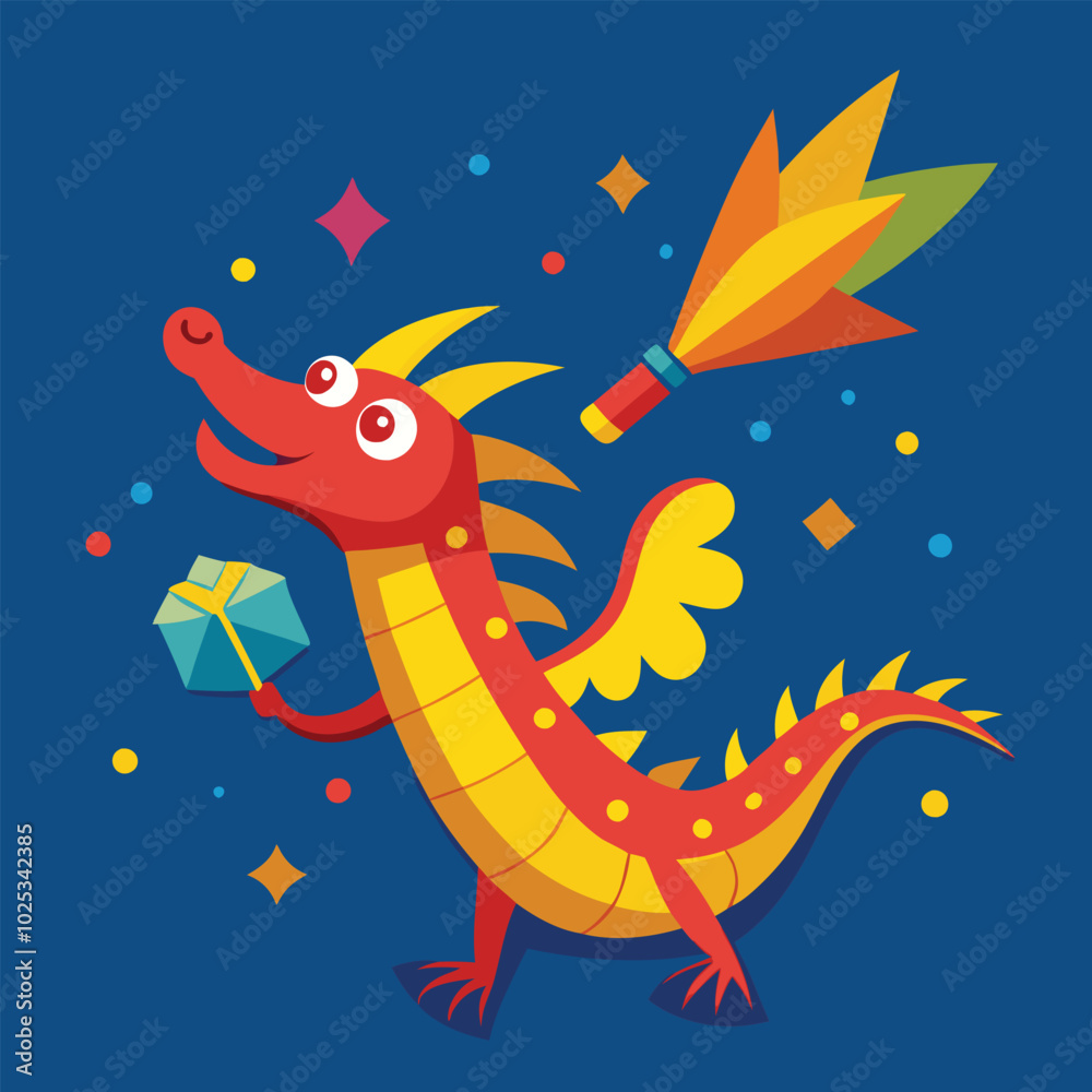 Fototapeta premium Lunar New Year illustration with fireworks and confetti, the shape of a star, celebrating victory, skyline illuminated