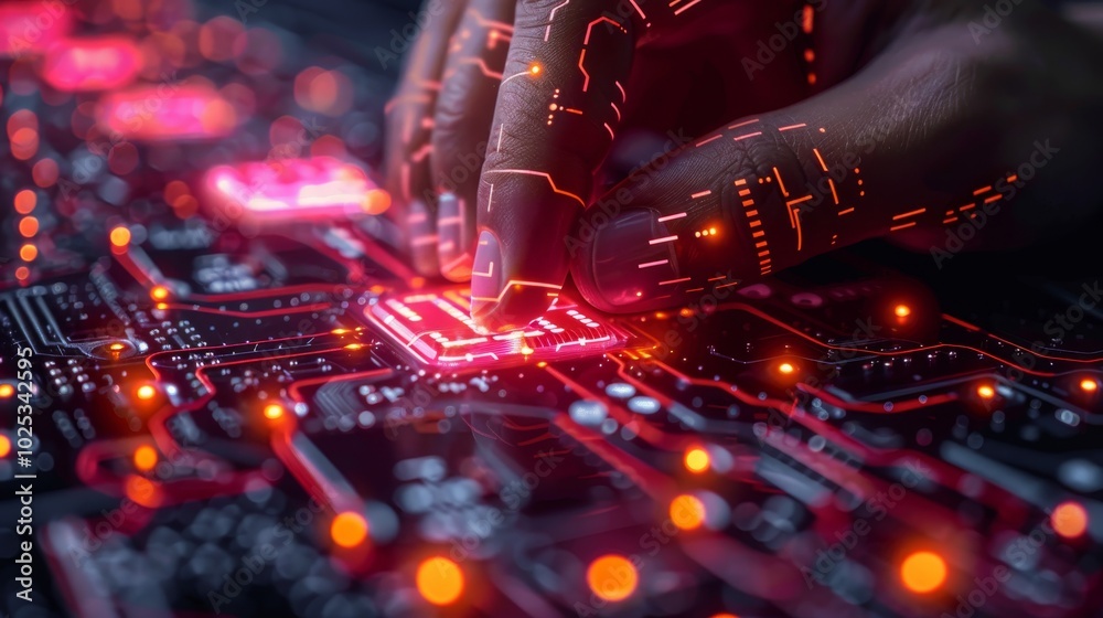 Human Hand With Digital Overlay Interacting With Futuristic Circuit Board, Technology Background. Human Hand With Digital Overlay Interacting With Futuristic Circuit Board, Technology Background.