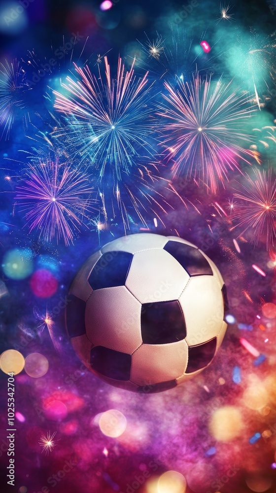 Fototapeta premium A soccer ball is surrounded by fireworks and sparks