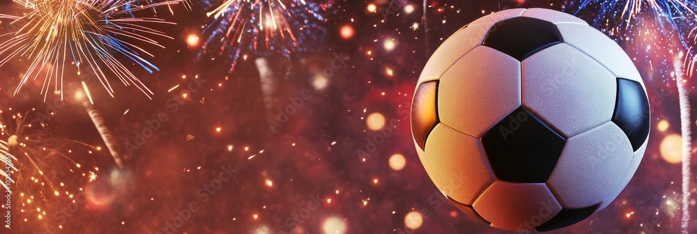 Fototapeta premium A soccer ball is in the center of a fireworks display
