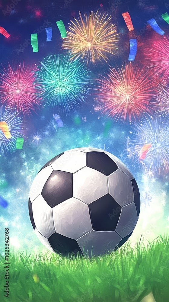 Naklejka premium A soccer ball is surrounded by fireworks and is the center of attention