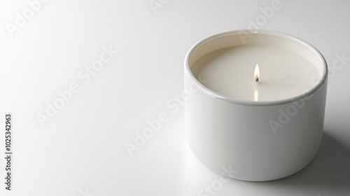 A single white candle burning in a white container on a white background. Generative Ai