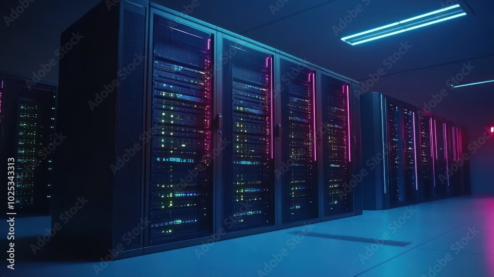 Rows of Server Racks in a Modern Data Center with Neon Lighting Rows of Server Racks in a Modern Data Center with Neon Lighting