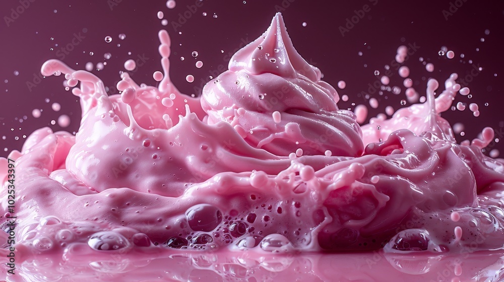 Pink Cream Splash, Dynamic Splashes of Cream, Swirling Creamy Treat On Vibrant Pink, Pink Cream Splash, Dynamic Splashes of Cream, Swirling Creamy Treat On Vibrant Pink,