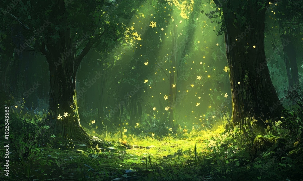 Fototapeta premium Green forest with magical light