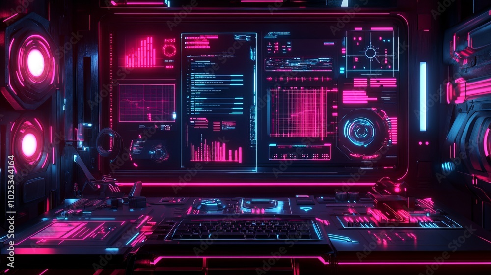 A cyberpunk gaming HUD background featuring a modern, futuristic 3D design. It includes a vibrant neon interface, showcasing advanced technology and visual elements. 3D illustration. A cyberpunk gaming HUD background featuring a modern, futuristic 3D design. It includes a vibrant neon interface, showcasing advanced technology and visual elements. 3D illustration.