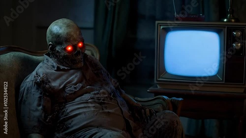 Overweight undead zombie male with red glowing eyes falling asleep on his sofa in the living room next to an old box television with white static noise and no signal on screen.