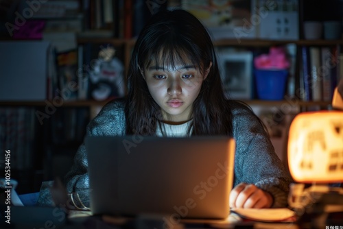 Freelancer working late at night on a laptop in a cozy home office environment