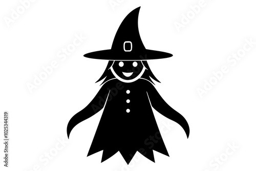 Black silhouette of witch in hat and costume flying on broomstick isolated on transparent background. Halloween celebration vector illustration, icon, retro vintage clip art for design.