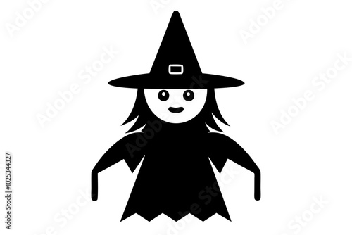 Black silhouette of witch in hat and costume flying on broomstick isolated on transparent background. Halloween celebration vector illustration, icon, retro vintage clip art for design.