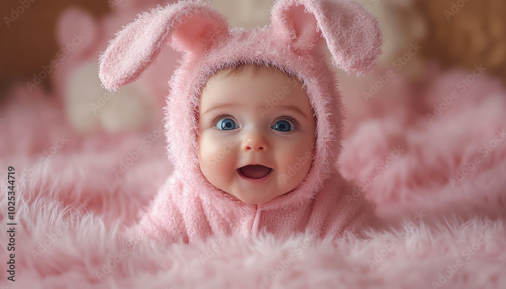 custom made wallpaper toronto digitalBaby in pink bunny costume, pink background, adorable and excited