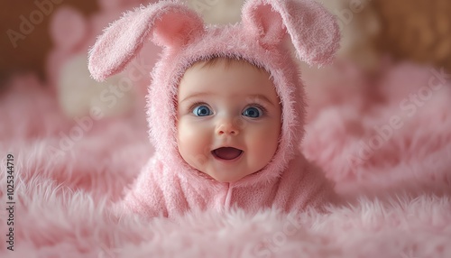 Wallpaper Mural Baby in pink bunny costume, pink background, adorable and excited Torontodigital.ca