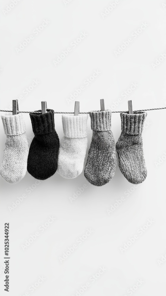 Five odd socks in various colors hanging on a laundry line against a white background, creating a playful and dynamic scene