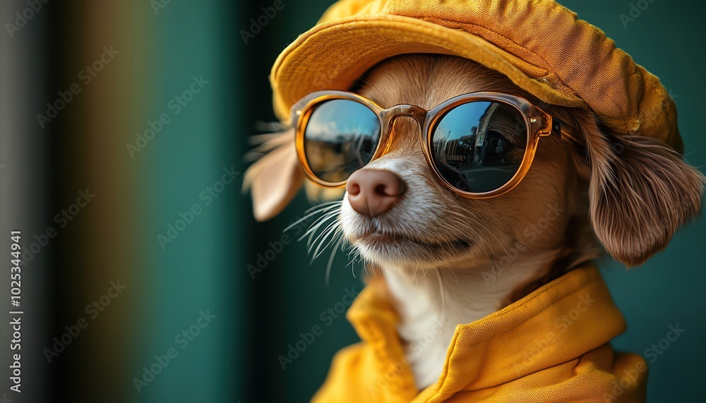 Dog in a yellow suit and hat with sunglasses, green backdrop, fashionforward canine Dog in a yellow suit and hat with sunglasses, green backdrop, fashionforward canine