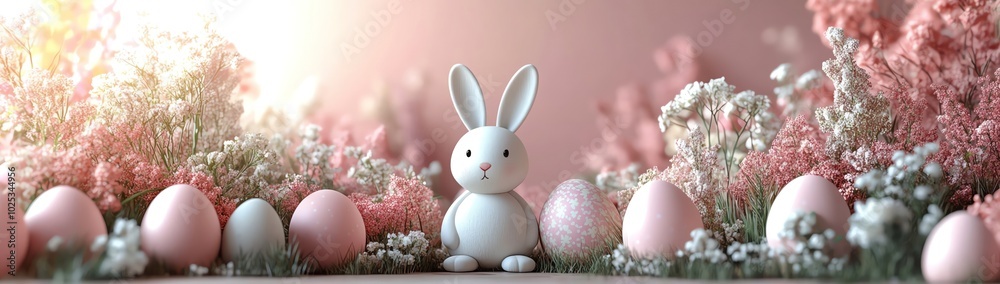 Easterthemed scene with pastel eggs, flowers, and a bunny cutout, all set against a soft pink backdrop