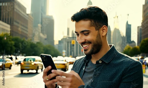 Spanish Man Smiling While Using Mobile Phone in New York City