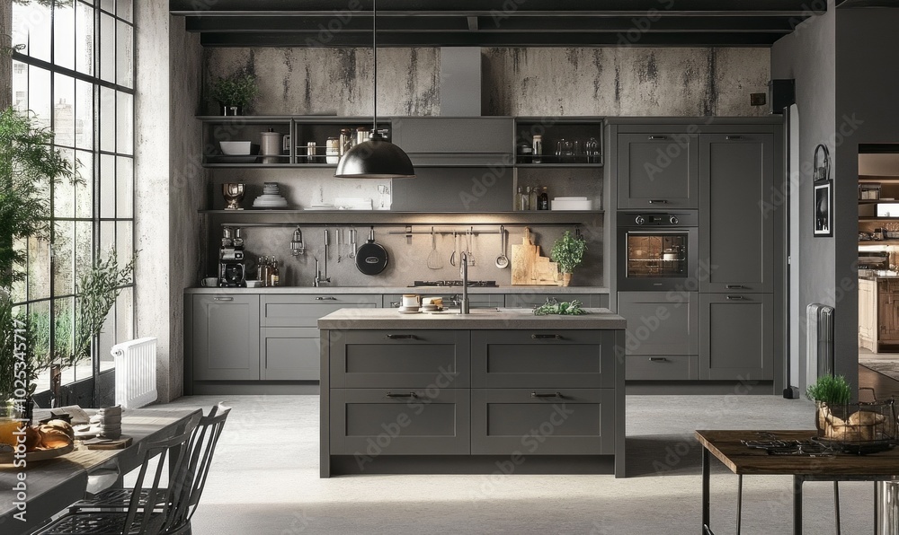 Modern kitchen with stylish grey cabinets and decor Modern kitchen with stylish grey cabinets and decor