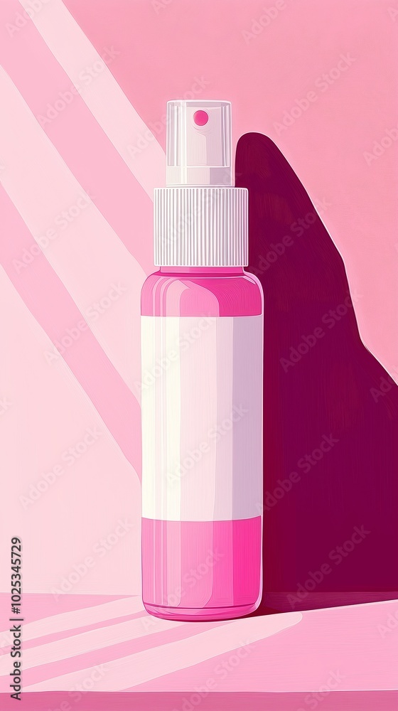 Minimalistic illustration of a pink nasal spray bottle with a white label against a soft pink background Minimalistic illustration of a pink nasal spray bottle with a white label against a soft pink background