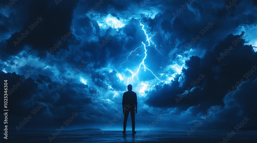 Silhouette of a person standing under a dramatic sky with a powerful blue lightning strike illuminating dark storm clouds Silhouette of a person standing under a dramatic sky with a powerful blue lightning strike illuminating dark storm clouds