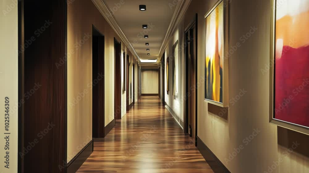 A modern hotel corridor featuring artwork and polished wooden floors. A modern hotel corridor featuring artwork and polished wooden floors.