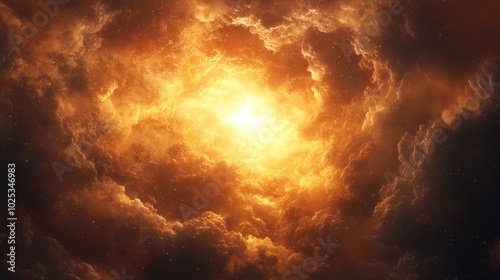 A close up of a yellow sun in the center of a cloudy sky