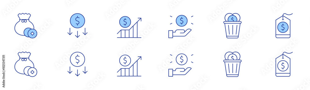 Money icon set in two styles, Duotone and Thin Line style. Editable stroke. money, price tag, stock, money bag, increase, money waste Money icon set in two styles, Duotone and Thin Line style. Editable stroke. money, price tag, stock, money bag, increase, money waste