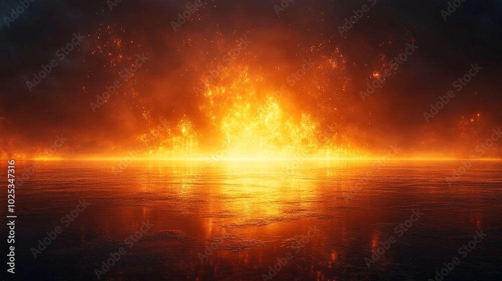 A fiery explosion is seen in the distance, with the sun reflecting off the water A fiery explosion is seen in the distance, with the sun reflecting off the water
