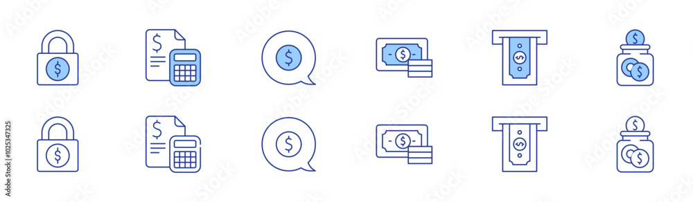 Money icon set in two styles, Duotone and Thin Line style. Editable stroke. money, savings, lock, money talk, taking cash, calculator Money icon set in two styles, Duotone and Thin Line style. Editable stroke. money, savings, lock, money talk, taking cash, calculator