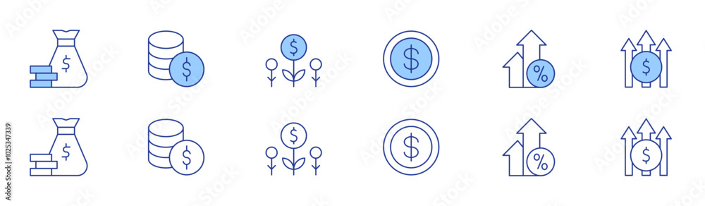 Money icon set in two styles, Duotone and Thin Line style. Editable stroke. profit, money, money bag, investment, arrows Money icon set in two styles, Duotone and Thin Line style. Editable stroke. profit, money, money bag, investment, arrows