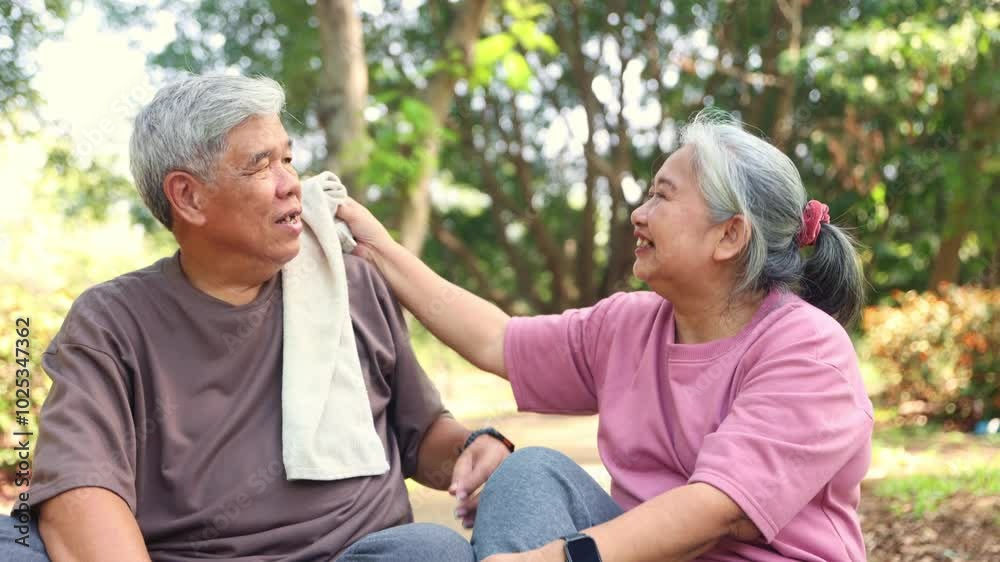 Elderly couples take care of their health exercise together in the garden and take care of each other sit and relax wipe away sweat feel good and happy. Elderly couples take care of their health exercise together in the garden and take care of each other sit and relax wipe away sweat feel good and happy.