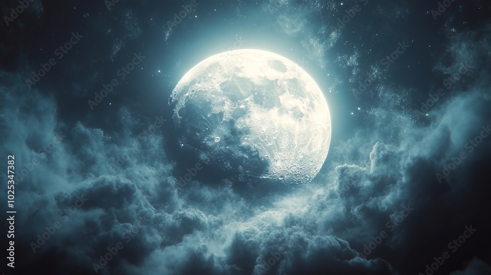 A large, bright moon is shining through the clouds in the sky