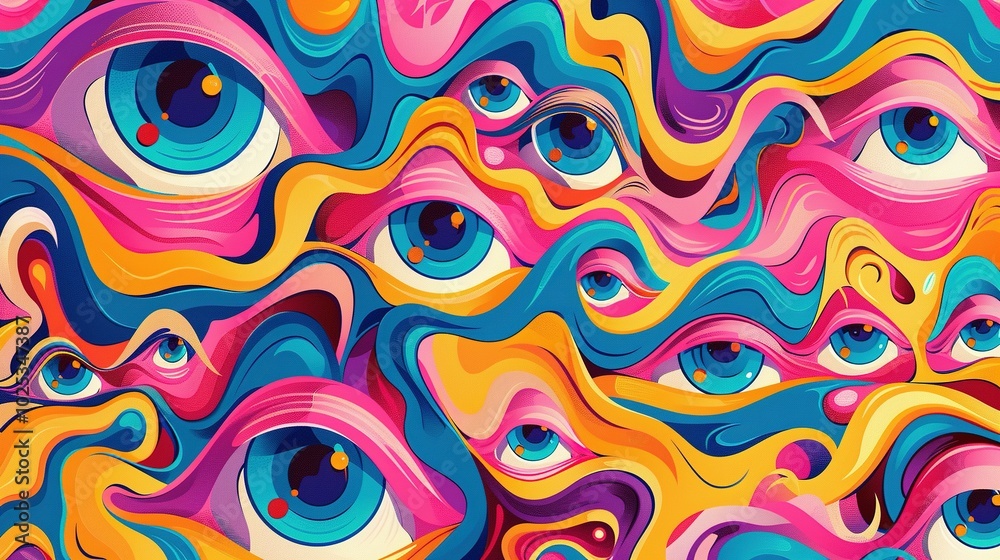 Fototapeta premium Abstract Digital Artwork with Multiple Eyes Embedded in Swirling Colorful Shapes