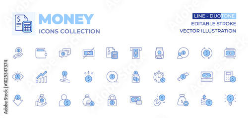Money icons collection. Line Duotone style, editable stroke. lock, money talk, expense, monitor, salary, no, increase, employee, calculator, wallet, eye, cashback, low price, support