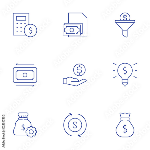 Money icons set. Thin Line style, editable stroke. money, charity, calculator, money transfer, currency, money bag, sales funnel, light bulb