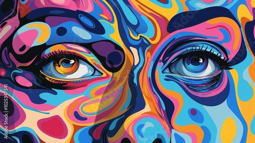 Abstract Digital Art of Two Eyes with Vivid Colors and Swirling Shapes