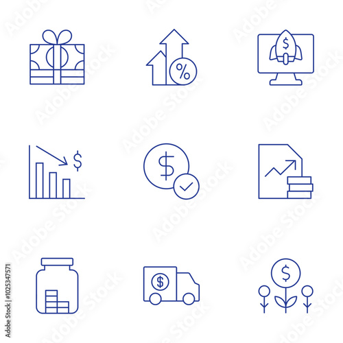Money icons set. Thin Line style, editable stroke. money, money loss, save money, arrows, dollar, money transport, startup, report, investment