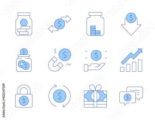 Money icons. Line Duotone style, editable stroke. currency, savings, jar, lock, transaction, magnet, increase, low price, support, save money, money