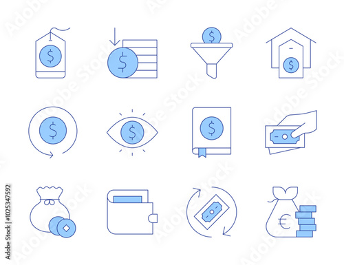 Money icons. Line Duotone style, editable stroke. money, earnings, house, business, sales funnel, wallet, eye, price tag, return of investment, money bag