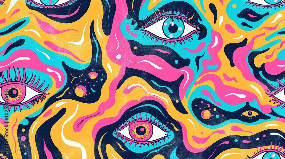 Fototapeta Abstract Psychedelic Artwork Featuring Multiple Eyes and Swirling Colors