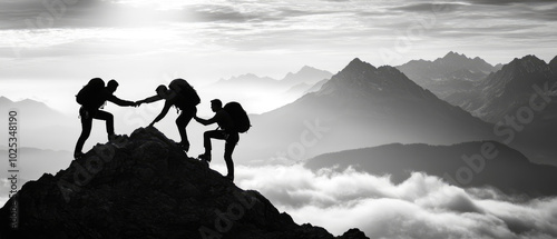 Three people are climbing a mountain together. They are all wearing backpacks and are helping each other up the mountain