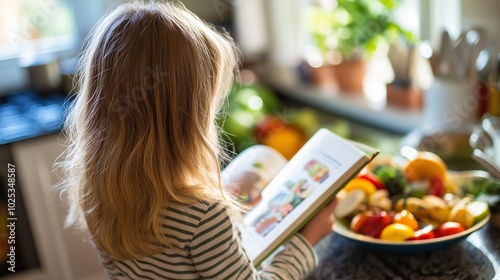 Fototapeta Naklejka Na Ścianę i Meble -  A child with long hair reads a vegan cookbook in a bright kitchen filled with fresh fruits and vegetables