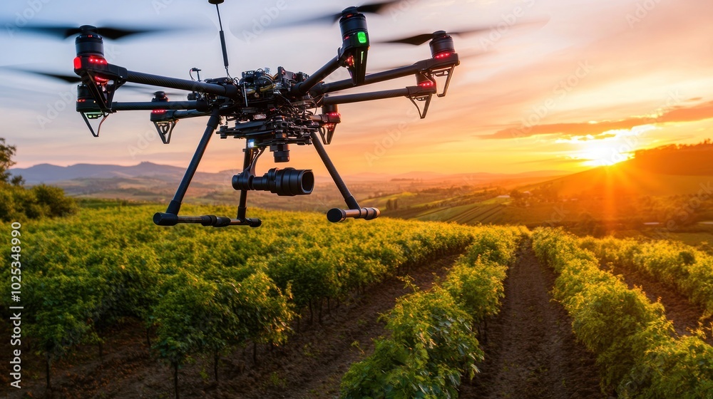 Drone flying over a vineyard at sunset Drone flying over a vineyard at sunset