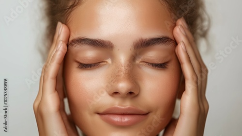 Wallpaper Mural Close-up of a teenage girl with closed eyes, massaging her temples, conveying stress relief against a soft light yellow background Torontodigital.ca