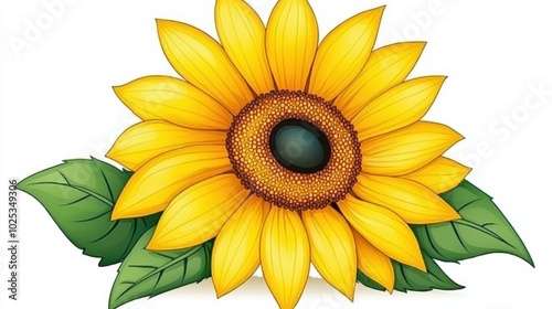 Vibrant Sunflower with Detailed Petals and Leaves